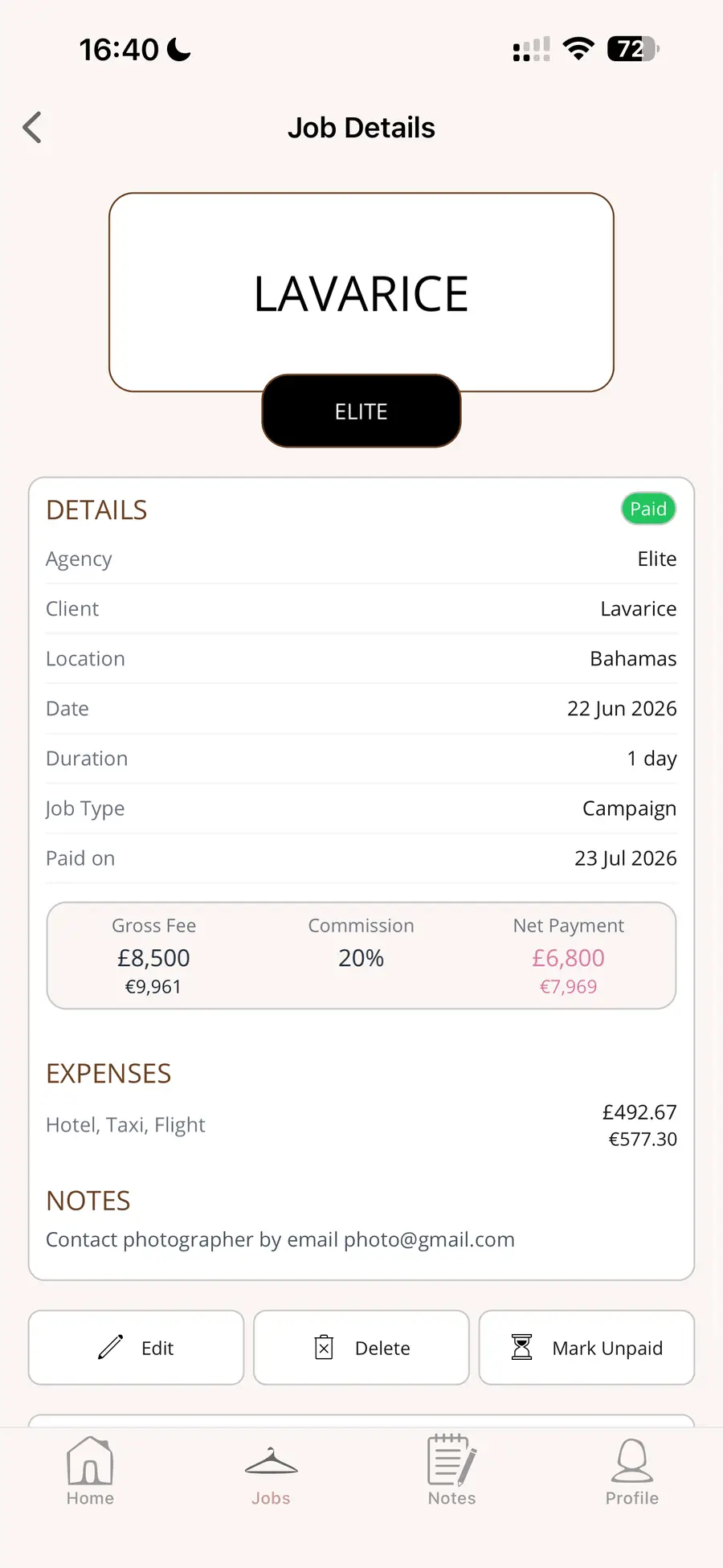ModelWorth job detail with fees, commission, and payment tracking