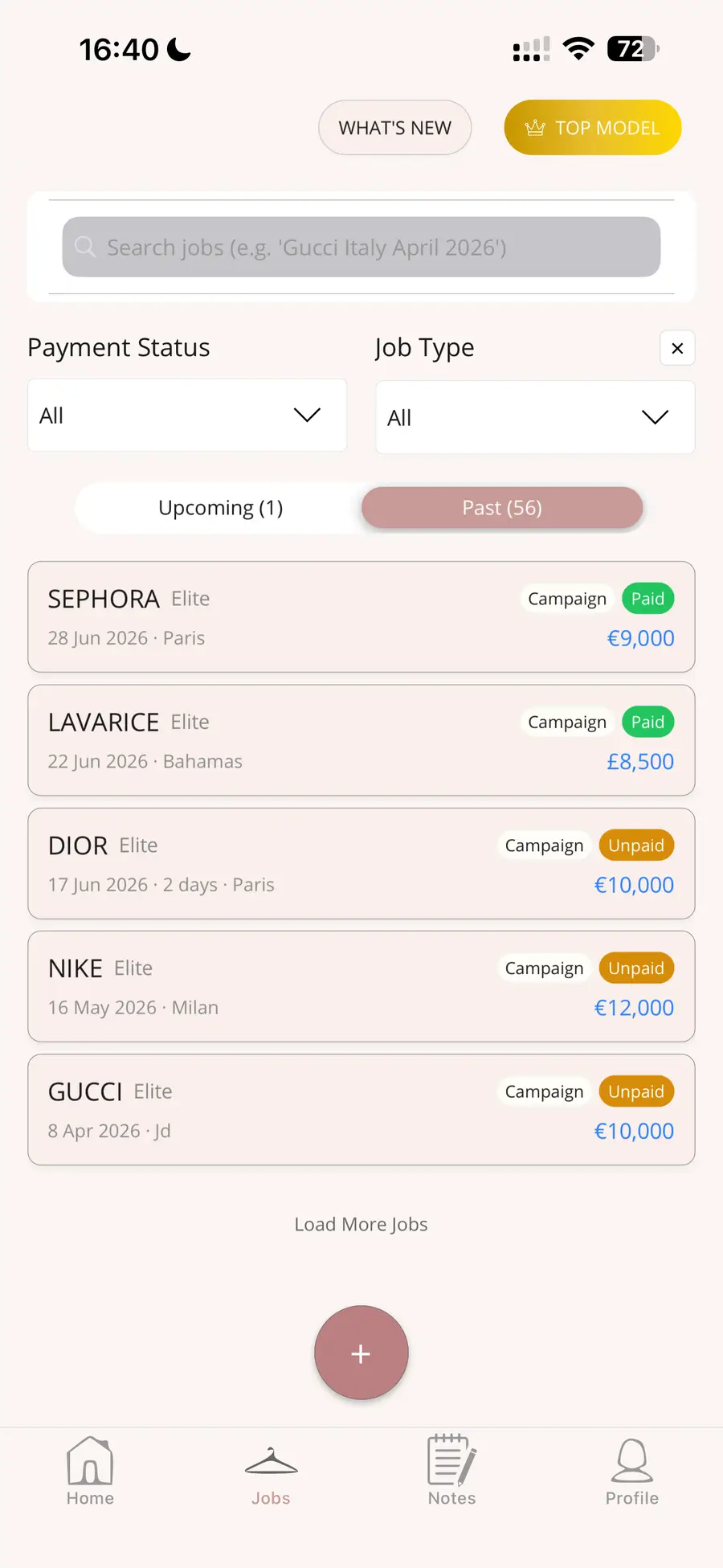ModelWorth jobs list with dates, clients, agencies, and locations